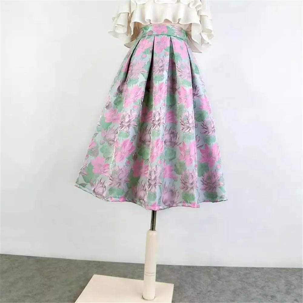 2023 Summer Woman Vintage Social Retro Blossom Embroidery High Waist Long Pleated Midi Skirt