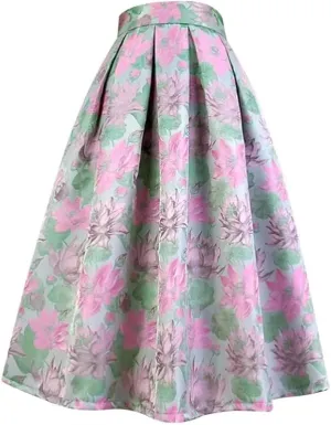 2023 Summer Woman Vintage Social Retro Blossom Embroidery High Waist Long Pleated Midi Skirt