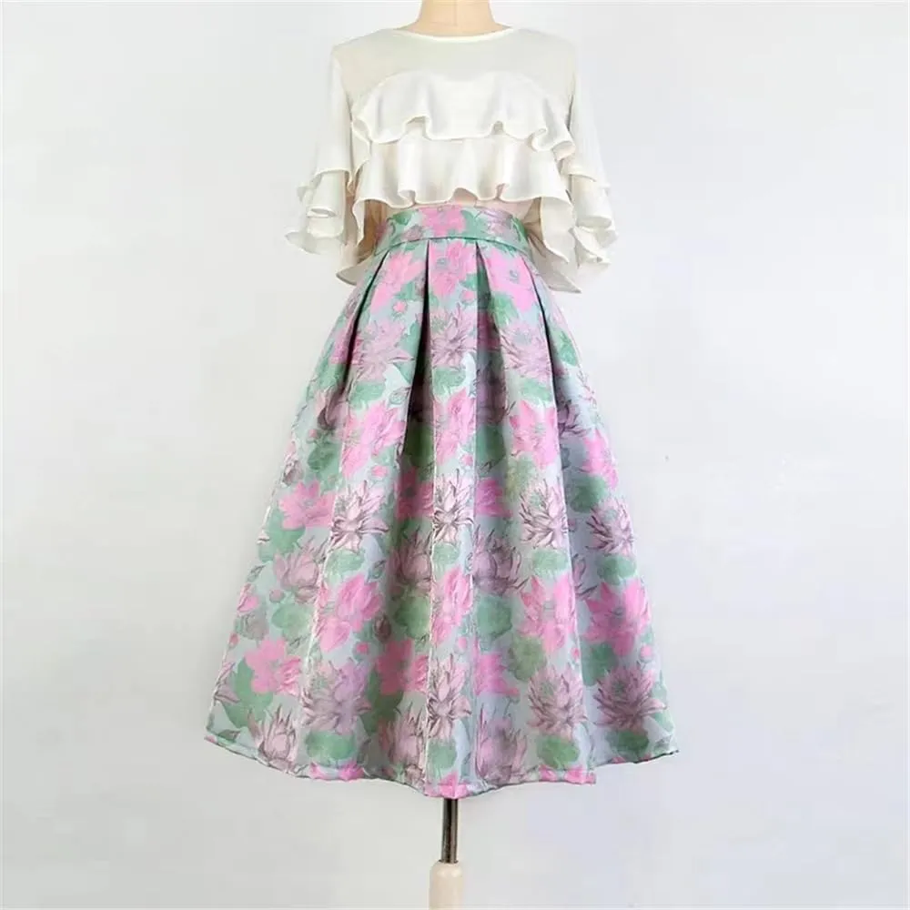 2023 Summer Woman Vintage Social Retro Blossom Embroidery High Waist Long Pleated Midi Skirt