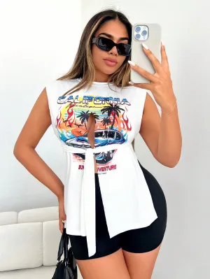 2pcs/Set Car Pattern Printed Split Hem Tank Top And Cycling Shorts