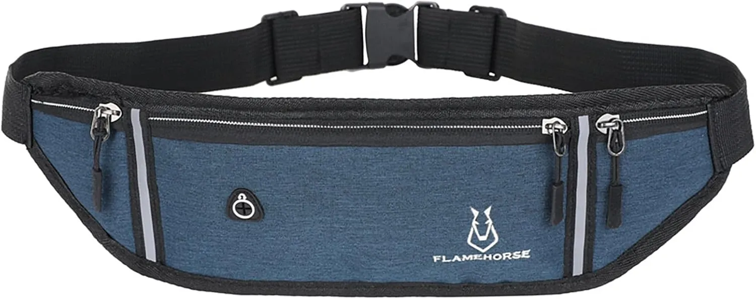 Adjustable Running Belt with Waterproof Waist Bag, Lightweight Sports Waist Bag for Men and Women, Running Belt Waist Bag, Mobile Phone Holder Adjustable Sports Money with Headphon (Darkblue)