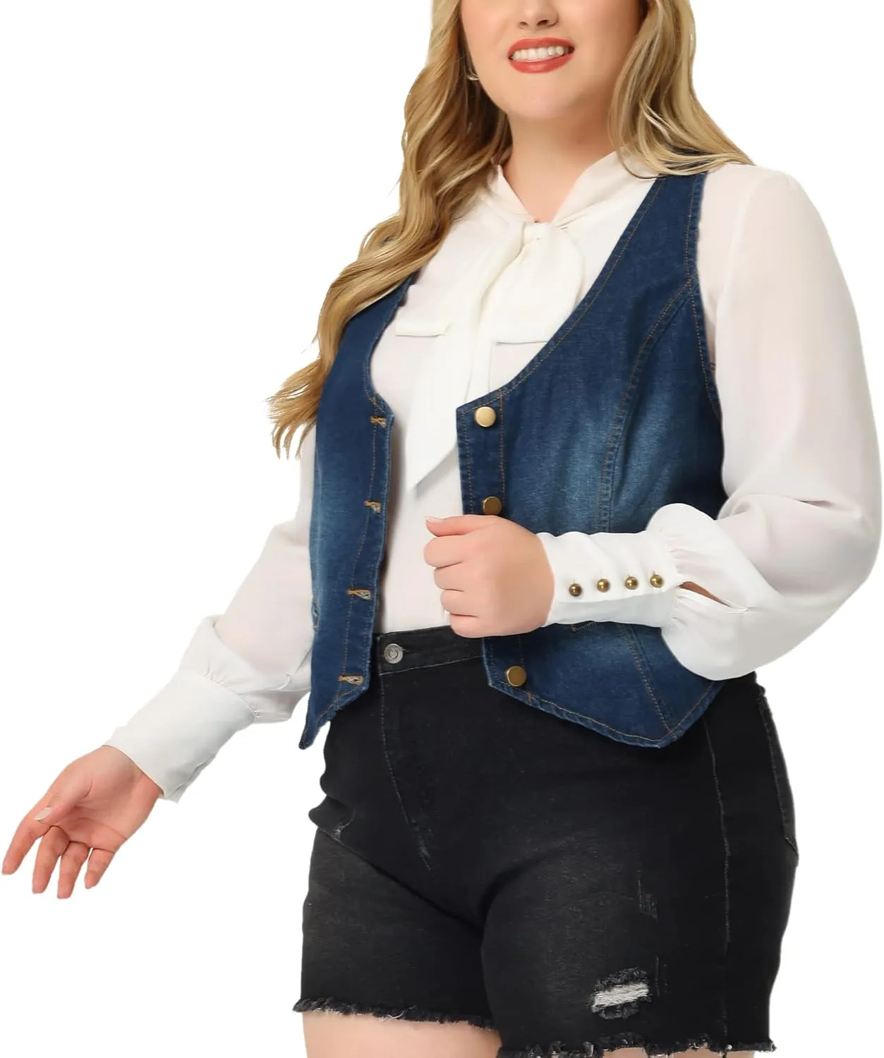 Agnes Orinda Plus Size Denim Vest Top for Women Button Down Waistcoat Casual Sleeveless Jean Jacket Vests