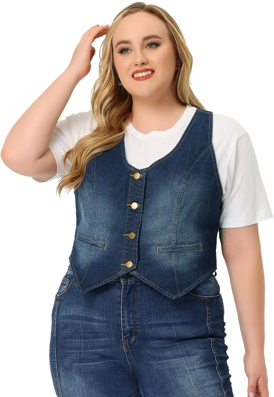 Agnes Orinda Plus Size Denim Vest Top for Women Button Down Waistcoat Casual Sleeveless Jean Jacket Vests