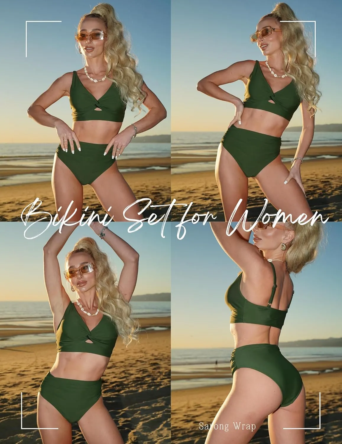 AI'MAGE Bikini Set for Women Ruched High Waisted Two Piece Swimsuit Twist Front Cut Out Adjustable Straps Bathing Suit