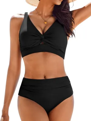 AI'MAGE Bikini Set for Women Ruched High Waisted Two Piece Swimsuit Twist Front Cut Out Adjustable Straps Bathing Suit