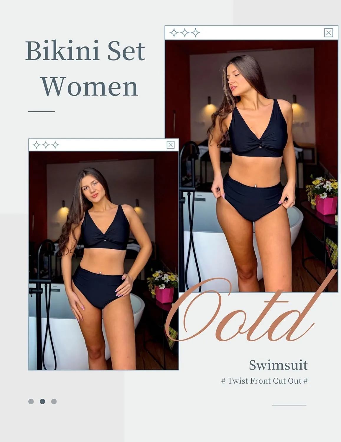 AI'MAGE Bikini Set for Women Ruched High Waisted Two Piece Swimsuit Twist Front Cut Out Adjustable Straps Bathing Suit