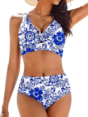 AI'MAGE Bikini Set for Women Ruched High Waisted Two Piece Swimsuit Twist Front Cut Out Adjustable Straps Bathing Suit