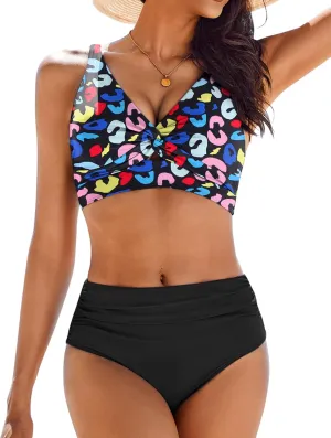 AI'MAGE Bikini Set for Women Ruched High Waisted Two Piece Swimsuit Twist Front Cut Out Adjustable Straps Bathing Suit