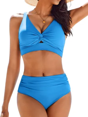 AI'MAGE Bikini Set for Women Ruched High Waisted Two Piece Swimsuit Twist Front Cut Out Adjustable Straps Bathing Suit