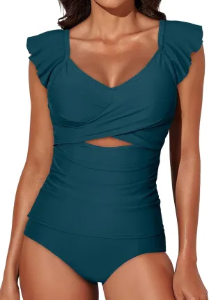 Aleumdr Two Piece Tankini Swimsuits for Women Cutout Tummy Control Bathing Suit Ruffled V Neck Tank Tops with Bottom