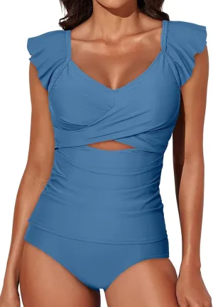 Aleumdr Two Piece Tankini Swimsuits for Women Cutout Tummy Control Bathing Suit Ruffled V Neck Tank Tops with Bottom