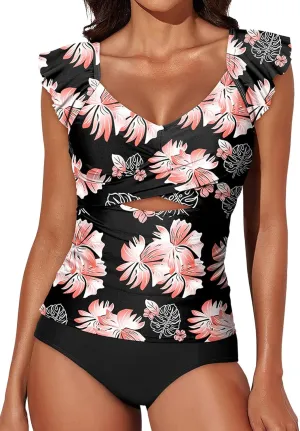 Aleumdr Two Piece Tankini Swimsuits for Women Cutout Tummy Control Bathing Suit Ruffled V Neck Tank Tops with Bottom