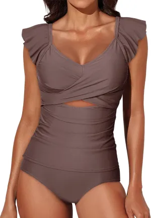 Aleumdr Two Piece Tankini Swimsuits for Women Cutout Tummy Control Bathing Suit Ruffled V Neck Tank Tops with Bottom