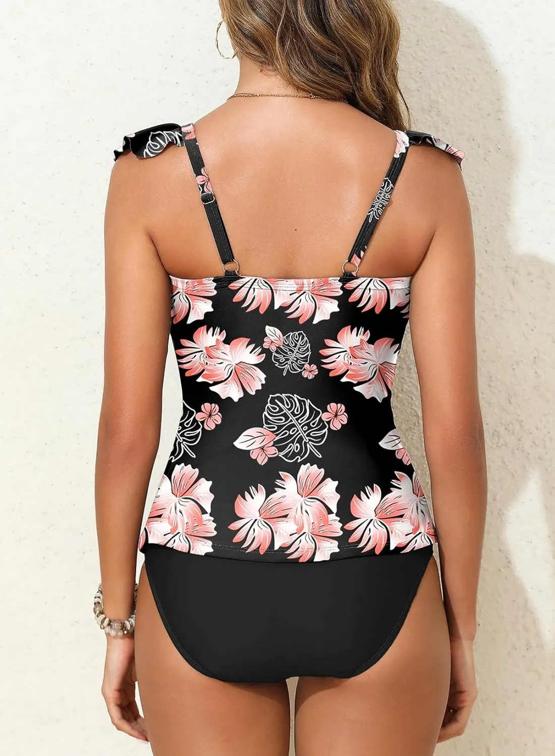 Aleumdr Two Piece Tankini Swimsuits for Women Cutout Tummy Control Bathing Suit Ruffled V Neck Tank Tops with Bottom