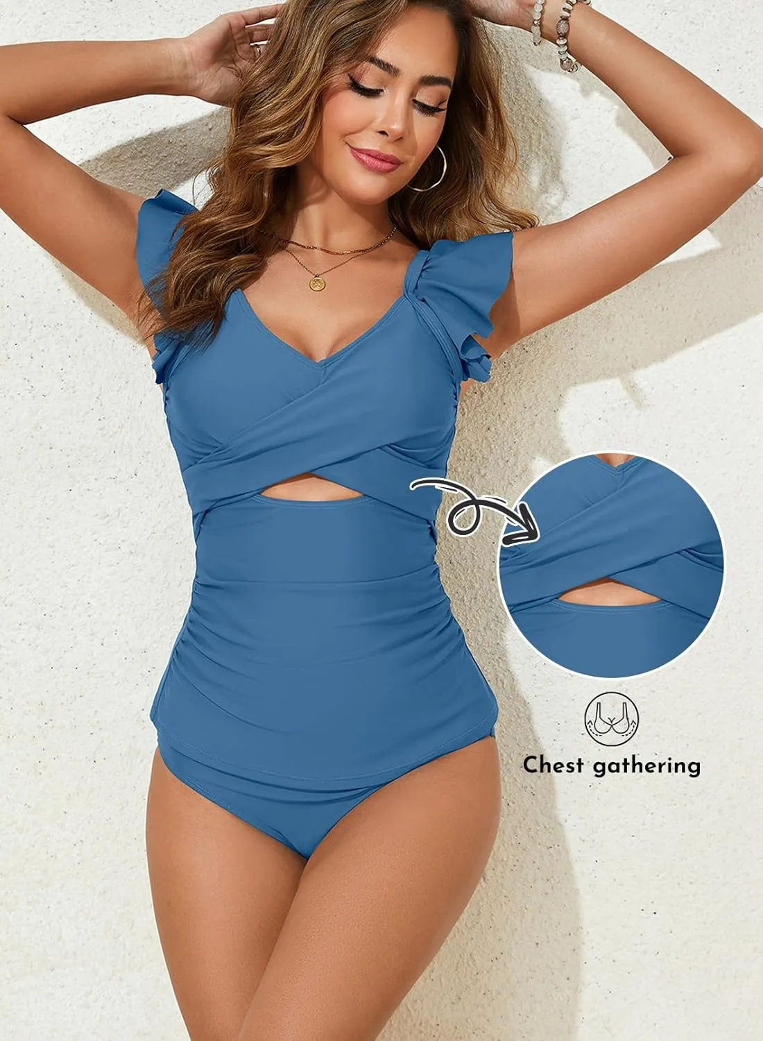 Aleumdr Two Piece Tankini Swimsuits for Women Cutout Tummy Control Bathing Suit Ruffled V Neck Tank Tops with Bottom