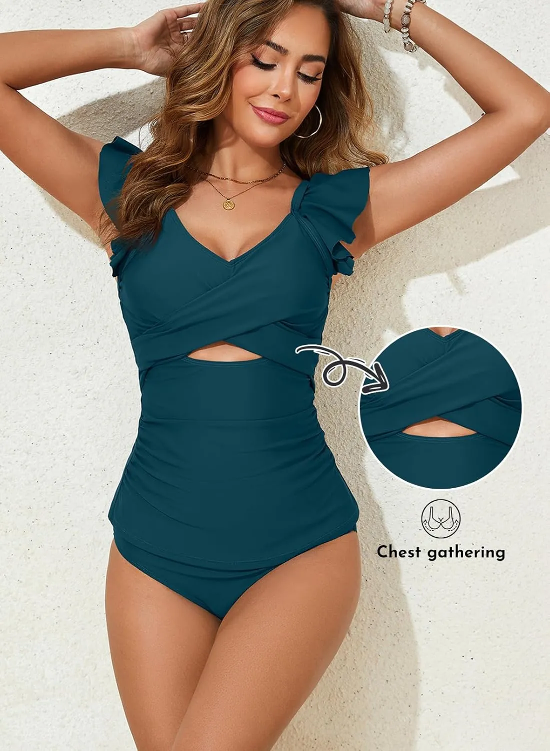 Aleumdr Two Piece Tankini Swimsuits for Women Cutout Tummy Control Bathing Suit Ruffled V Neck Tank Tops with Bottom