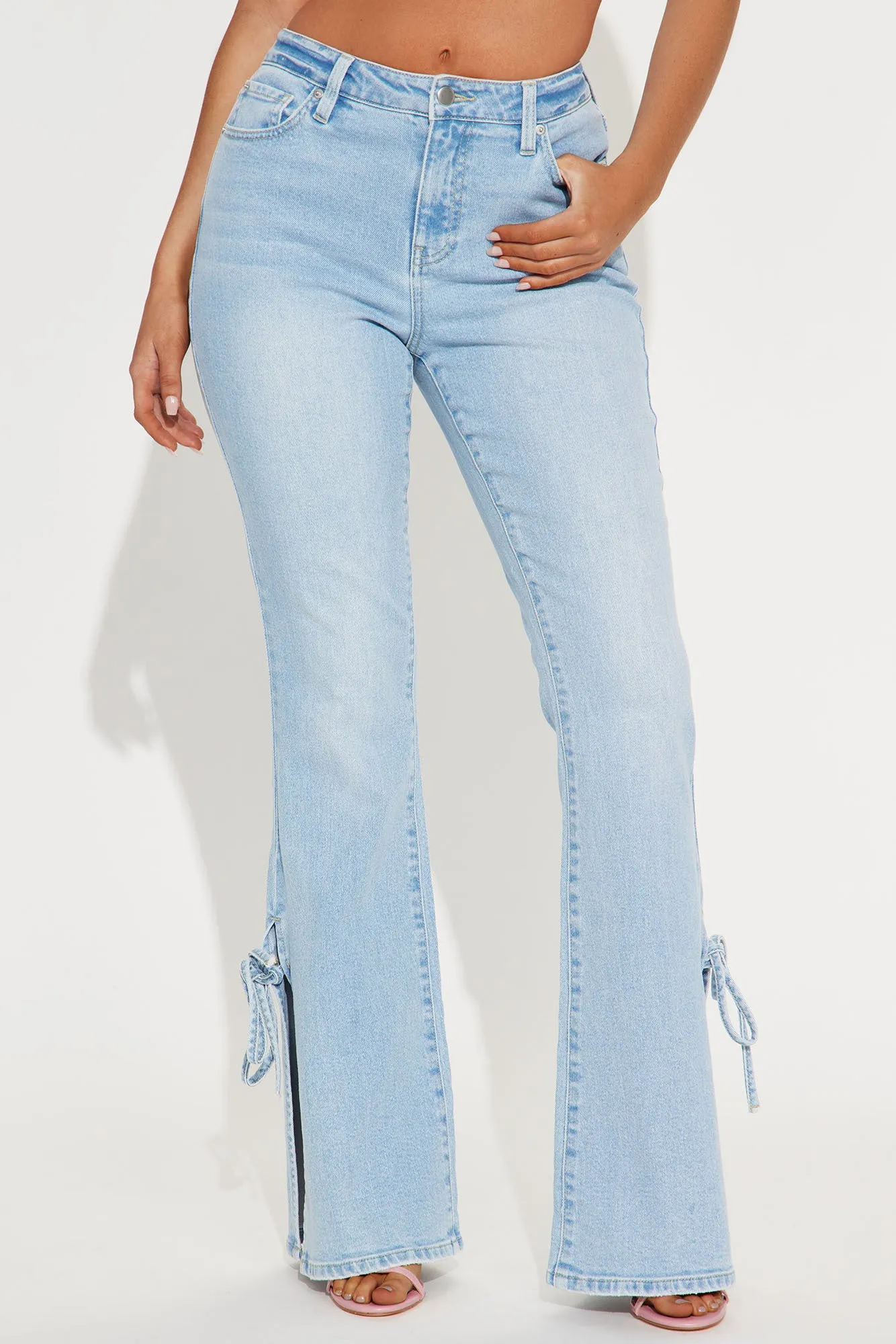 All Tied Up Split Hem Flare Jeans - Light Wash