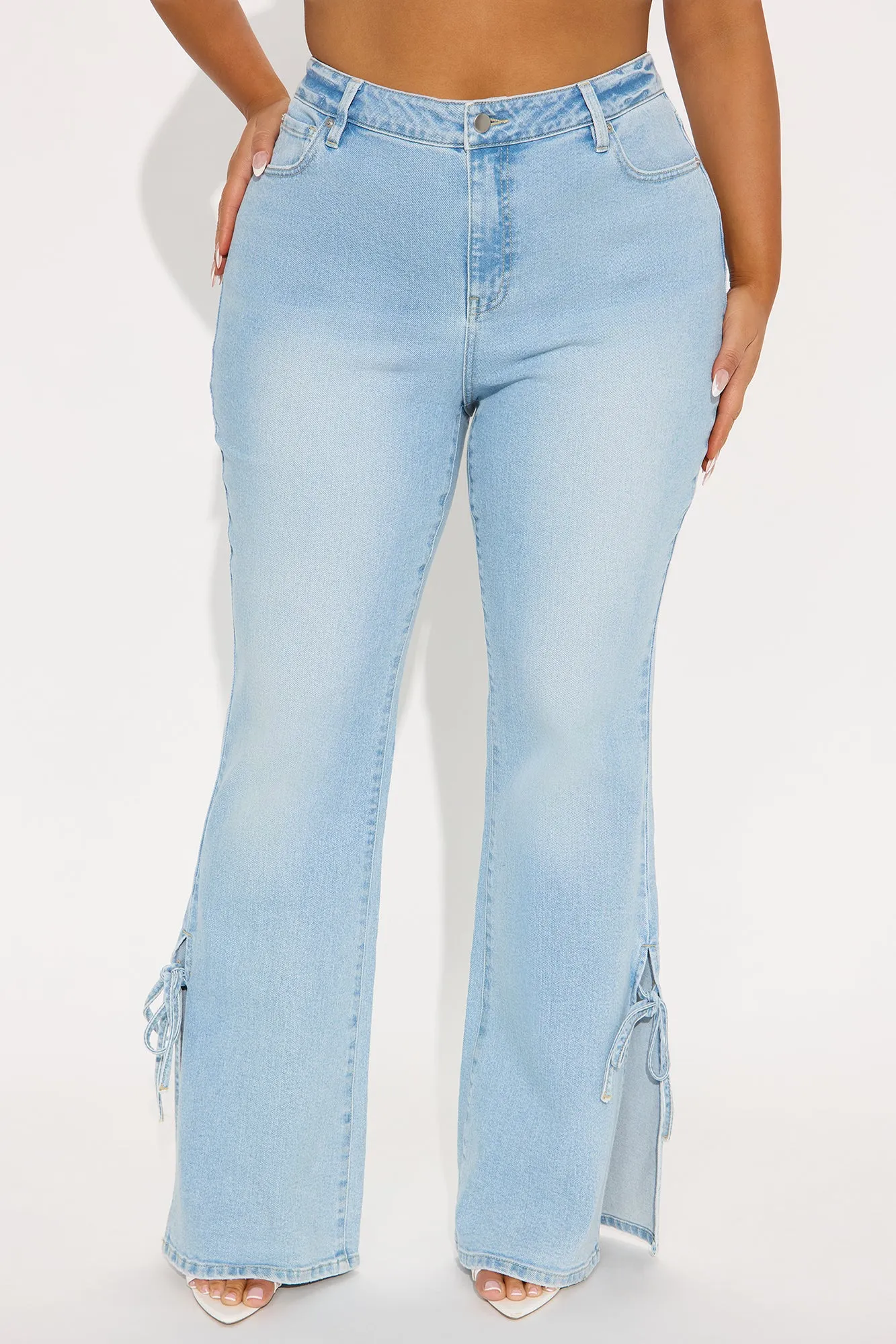 All Tied Up Split Hem Flare Jeans - Light Wash