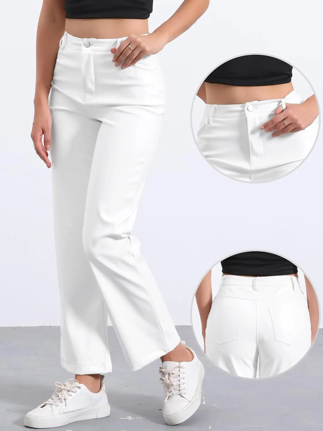 Allegra K Faux Leather Pants for Women's High Waist Straight Leg Punk PU Trousers