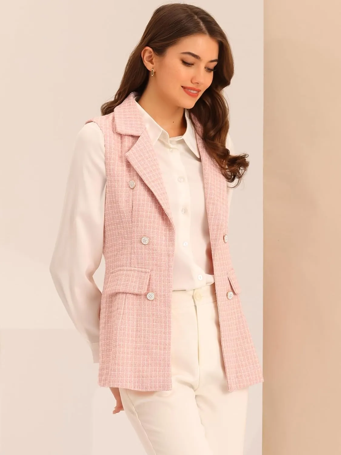 Allegra K Women's Vintage Tweed Blazer Vest Open Front Plaid Sleeveless Cardigan Casual Work Vest Jacket