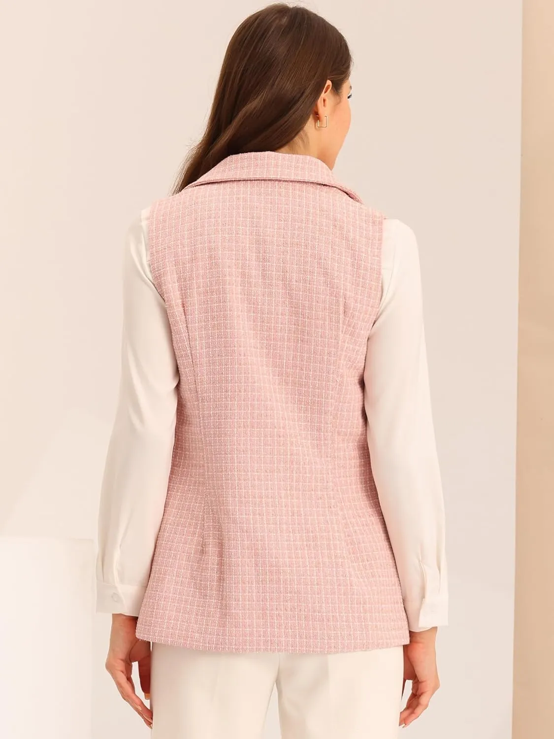 Allegra K Women's Vintage Tweed Blazer Vest Open Front Plaid Sleeveless Cardigan Casual Work Vest Jacket