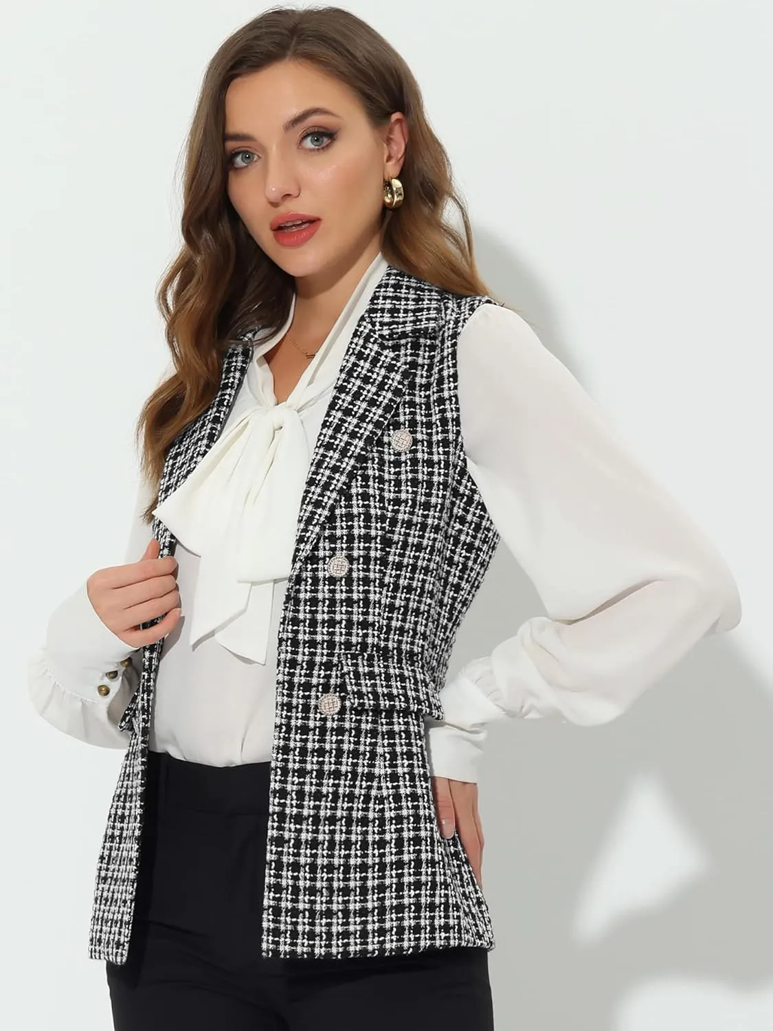 Allegra K Women's Vintage Tweed Blazer Vest Open Front Plaid Sleeveless Cardigan Casual Work Vest Jacket