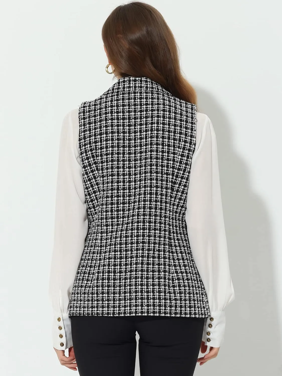 Allegra K Women's Vintage Tweed Blazer Vest Open Front Plaid Sleeveless Cardigan Casual Work Vest Jacket