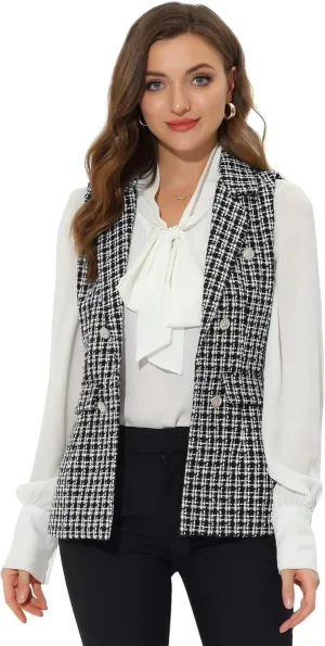 Allegra K Women's Vintage Tweed Blazer Vest Open Front Plaid Sleeveless Cardigan Casual Work Vest Jacket