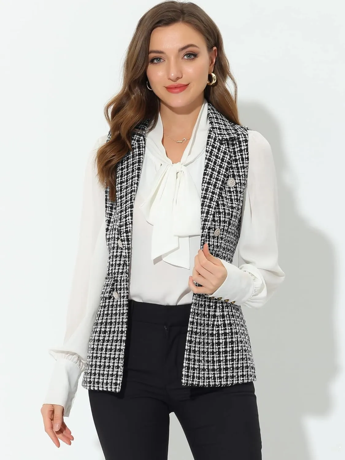 Allegra K Women's Vintage Tweed Blazer Vest Open Front Plaid Sleeveless Cardigan Casual Work Vest Jacket
