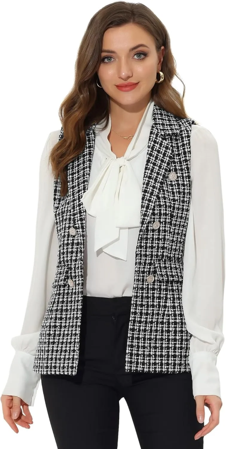 Allegra K Women's Vintage Tweed Blazer Vest Open Front Plaid Sleeveless Cardigan Casual Work Vest Jacket