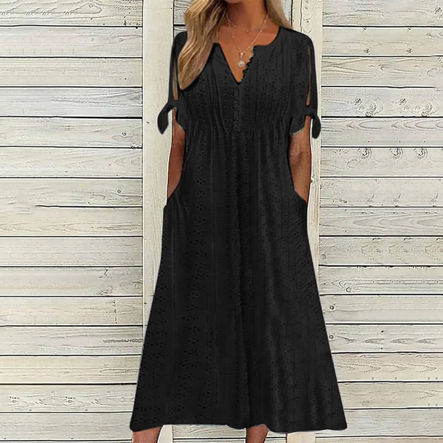 Aniywn Casual Summer Dresses for Women with Sleeves Trendy Short Sleeve Eyelet Tshirt Dress Bohemia Beach Vacation Sundress