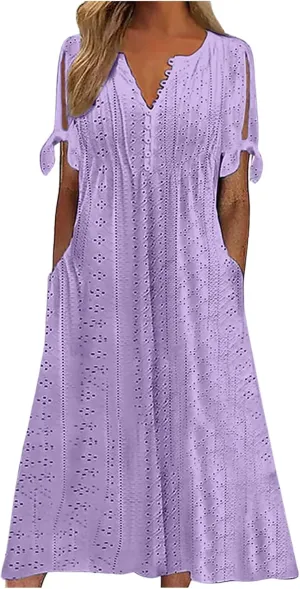 Aniywn Casual Summer Dresses for Women with Sleeves Trendy Short Sleeve Eyelet Tshirt Dress Bohemia Beach Vacation Sundress