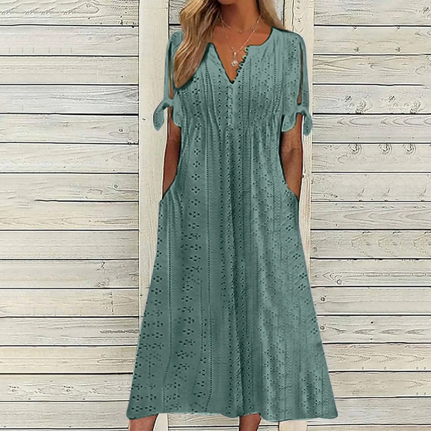 Aniywn Casual Summer Dresses for Women with Sleeves Trendy Short Sleeve Eyelet Tshirt Dress Bohemia Beach Vacation Sundress