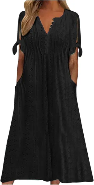 Aniywn Casual Summer Dresses for Women with Sleeves Trendy Short Sleeve Eyelet Tshirt Dress Bohemia Beach Vacation Sundress