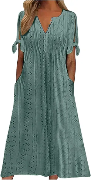 Aniywn Casual Summer Dresses for Women with Sleeves Trendy Short Sleeve Eyelet Tshirt Dress Bohemia Beach Vacation Sundress