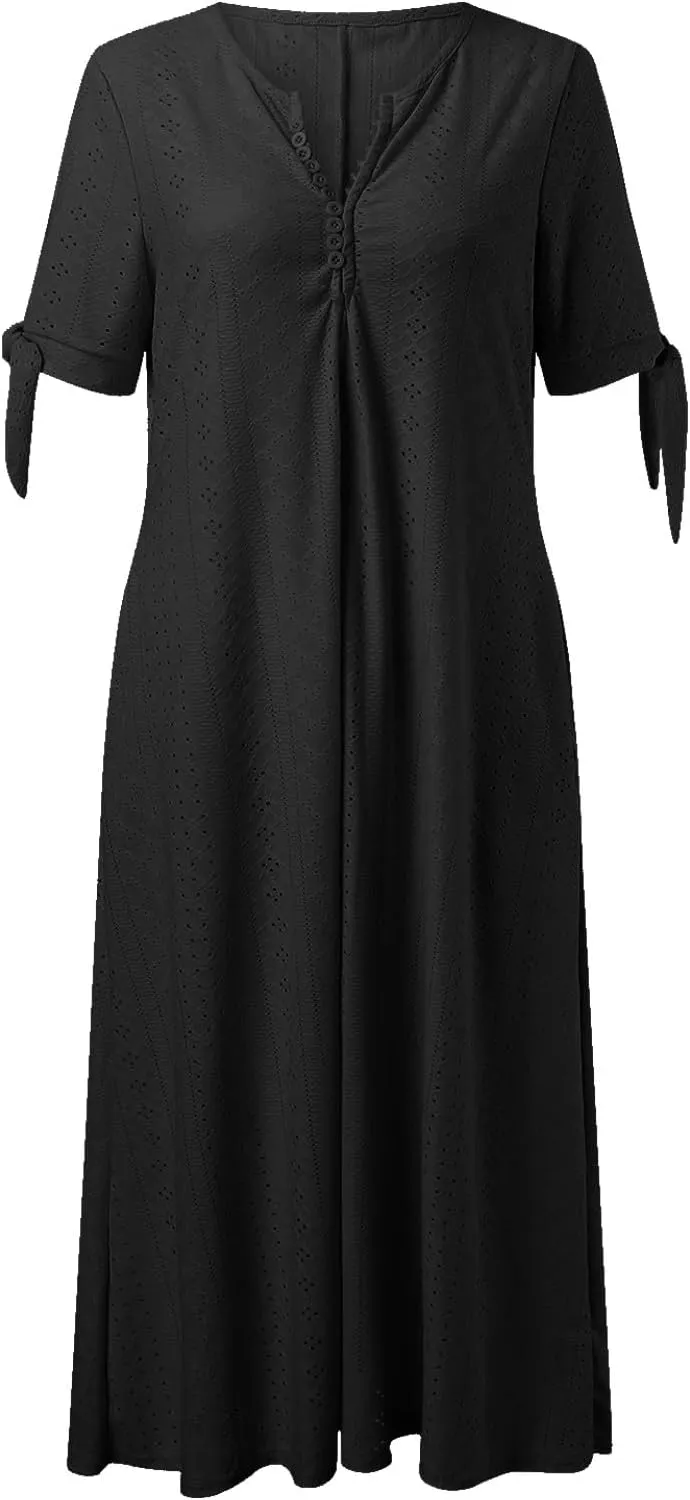 Aniywn Casual Summer Dresses for Women with Sleeves Trendy Short Sleeve Eyelet Tshirt Dress Bohemia Beach Vacation Sundress