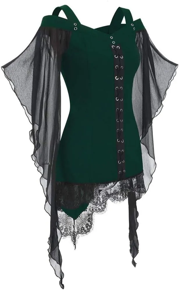 Aniywn Women Gothic Sexy Skirt Dress Lace Strappy Ruffle Club Dress Halloween Cold Shoulder T-Shirt Tops