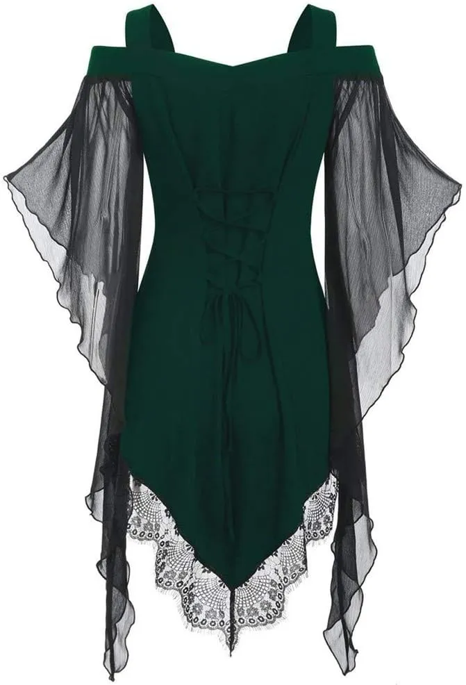 Aniywn Women Gothic Sexy Skirt Dress Lace Strappy Ruffle Club Dress Halloween Cold Shoulder T-Shirt Tops