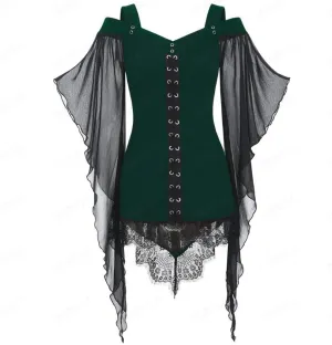 Aniywn Women Gothic Sexy Skirt Dress Lace Strappy Ruffle Club Dress Halloween Cold Shoulder T-Shirt Tops