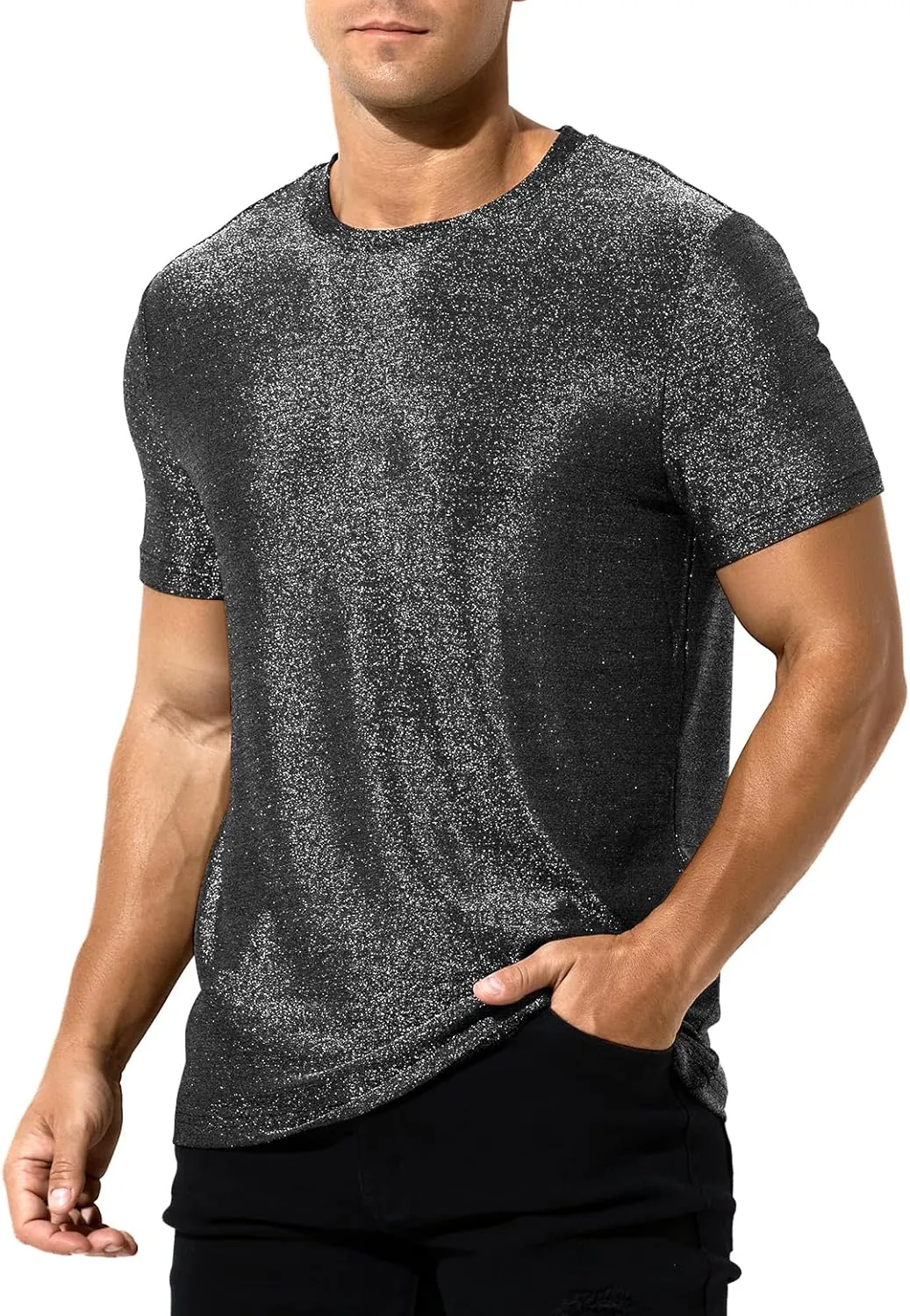 Arjen Kroos Men's Shiny Shirts Short Sleeve Sparkly Disco Rave Hot Tops Nightclub Glitter T-Shirt