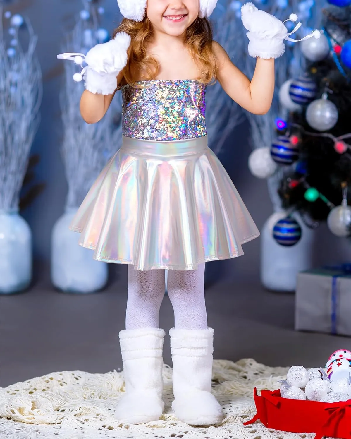 Auranso Girls Metallic Skater Skirt Sparkly Shiny Flared Pleated A-Line Mini Skort