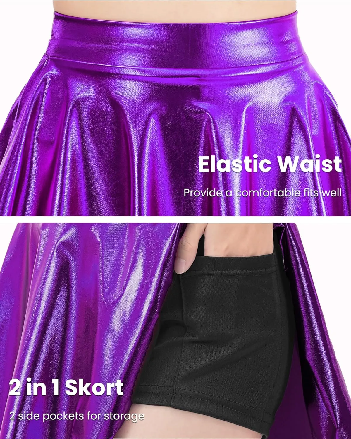 Auranso Girls Metallic Skater Skirt Sparkly Shiny Flared Pleated A-Line Mini Skort