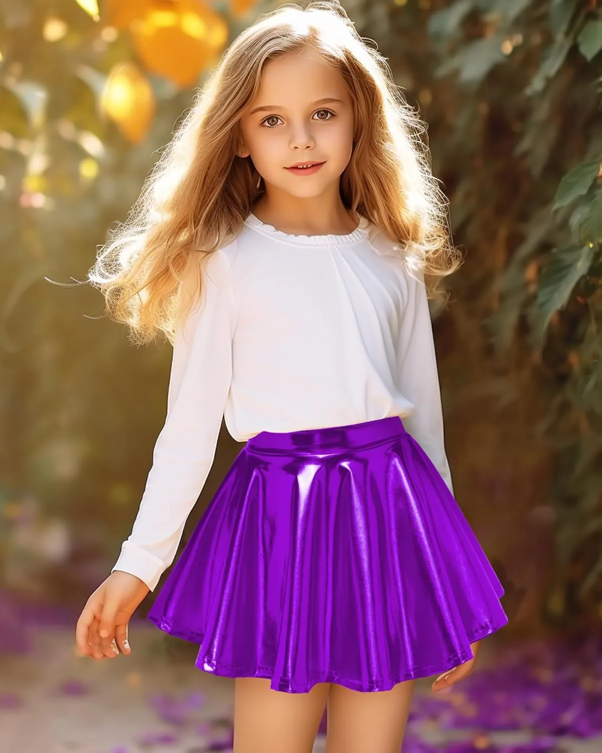 Auranso Girls Metallic Skater Skirt Sparkly Shiny Flared Pleated A-Line Mini Skort