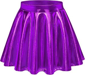 Auranso Girls Metallic Skater Skirt Sparkly Shiny Flared Pleated A-Line Mini Skort