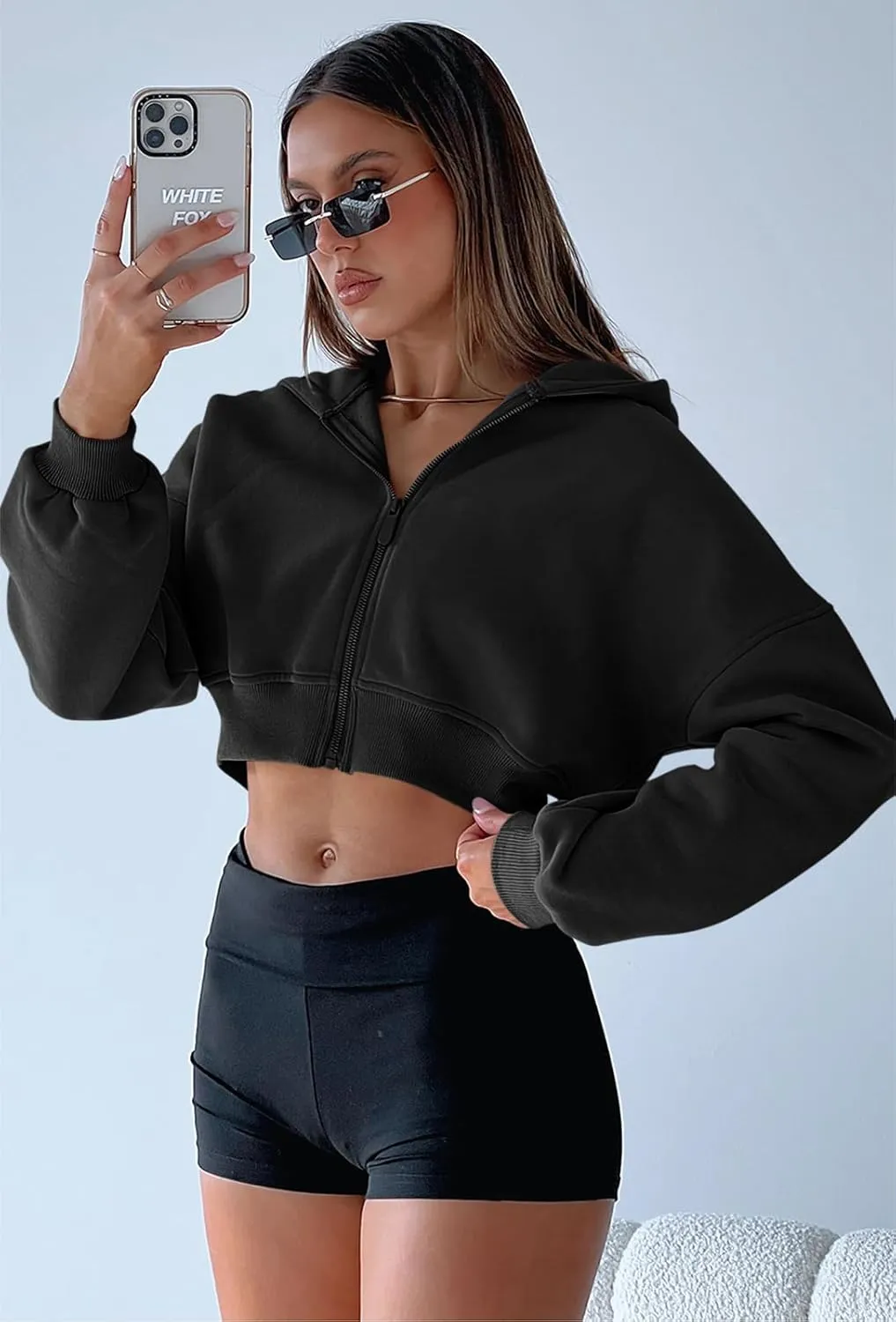 Aurgelmir Women's Cropped Zip Up Hoodie Sweatshirts Long Sleeve Casual Loose Y2K Pullover Tops