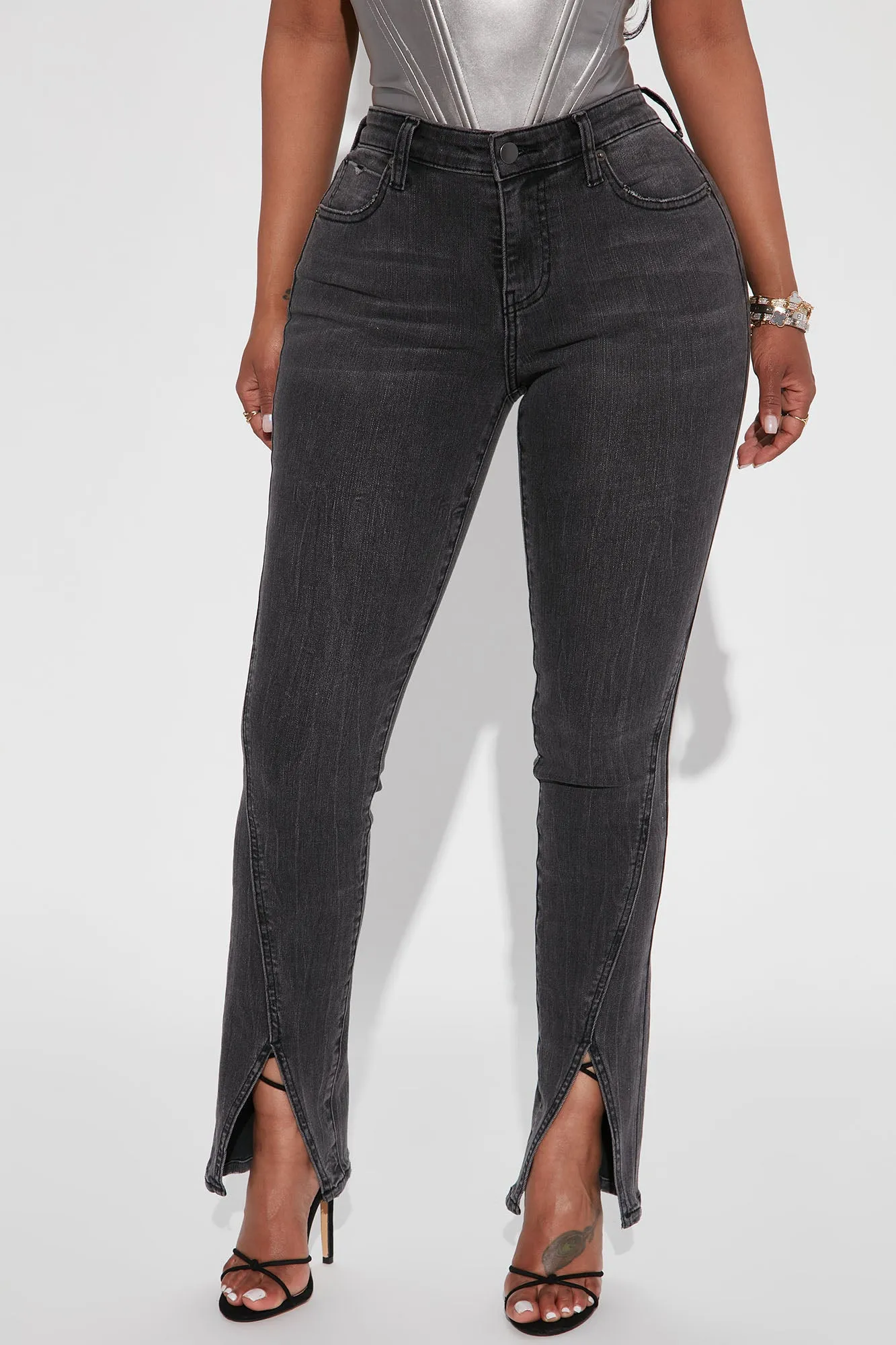 Automatic Love Split Hem Skinny Jeans - Black Wash