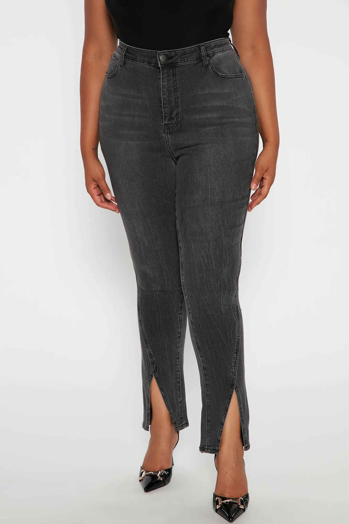Automatic Love Split Hem Skinny Jeans - Black Wash