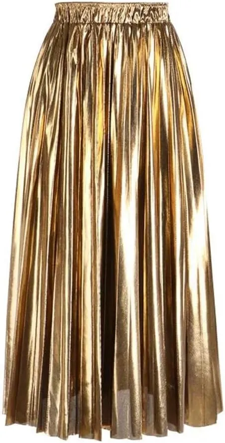 Autumn Winter High Waist A-Line Midi Pleated Skirt Women Gold Silver Elegant Long Skirts