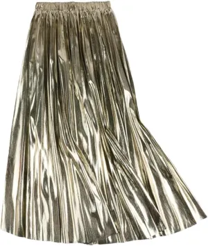 Autumn Winter High Waist A-Line Midi Pleated Skirt Women Gold Silver Elegant Long Skirts