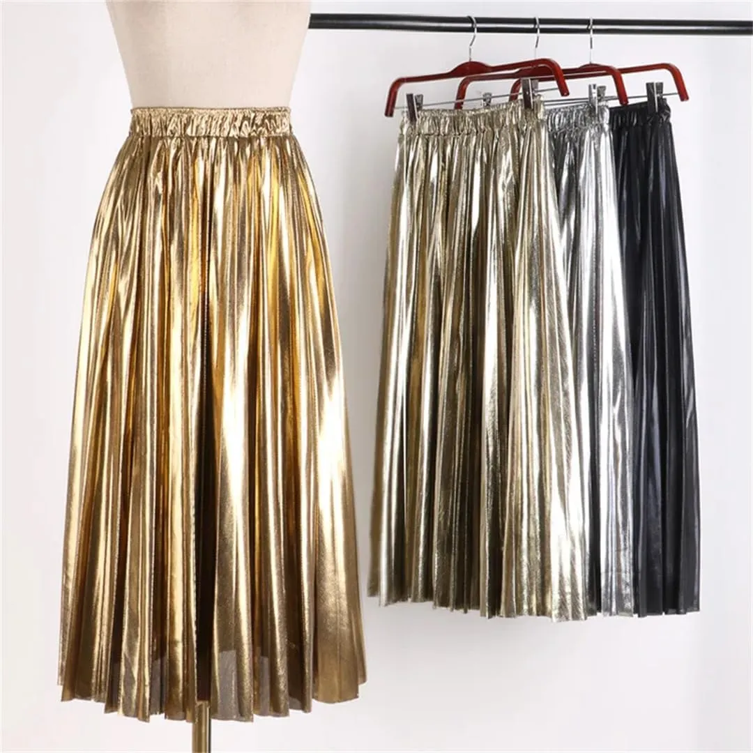 Autumn Winter High Waist A-Line Midi Pleated Skirt Women Gold Silver Elegant Long Skirts